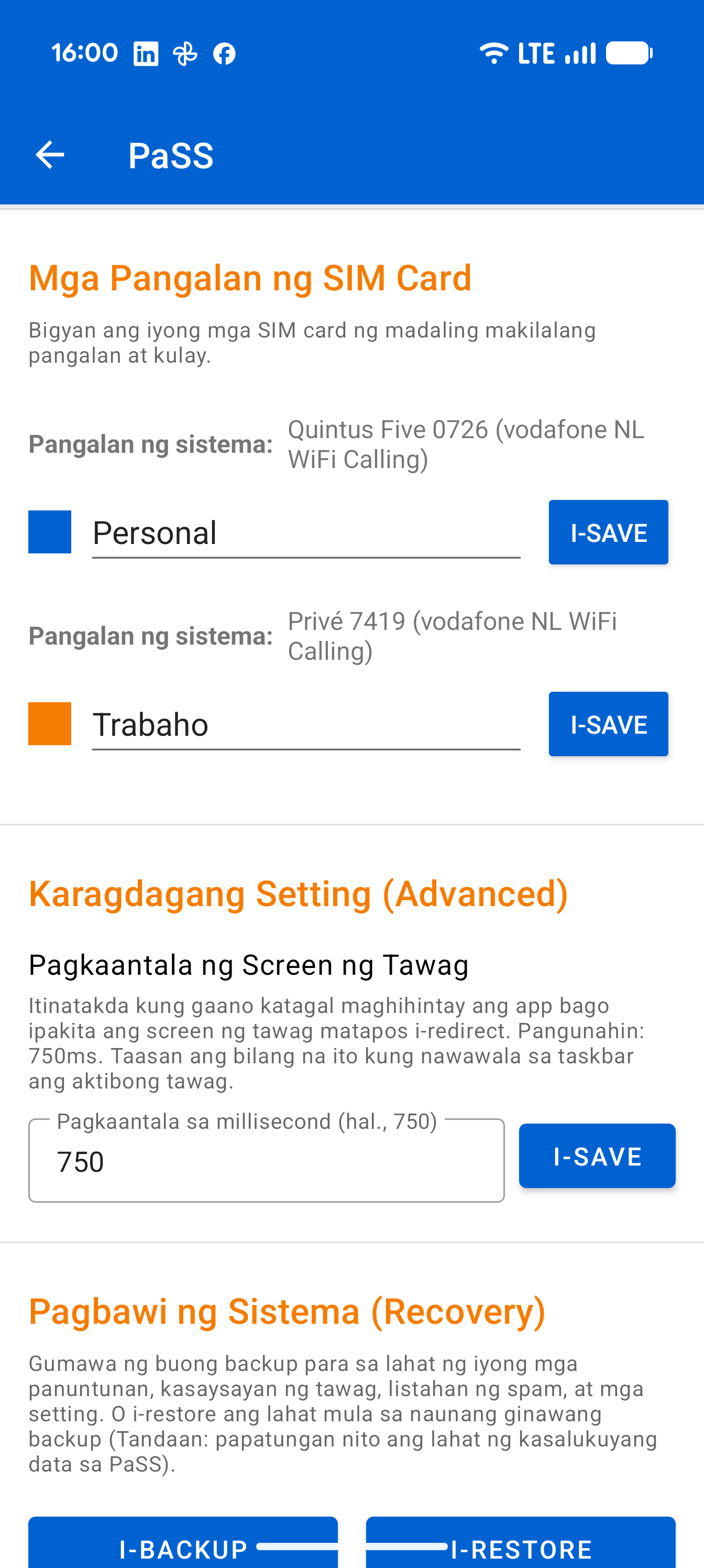 Settings SIM